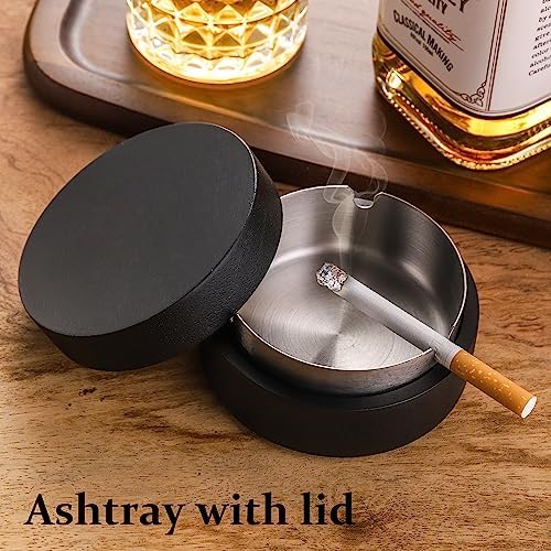 Wooden Ashtray with Lid for Outdoor Indoor Use Black
