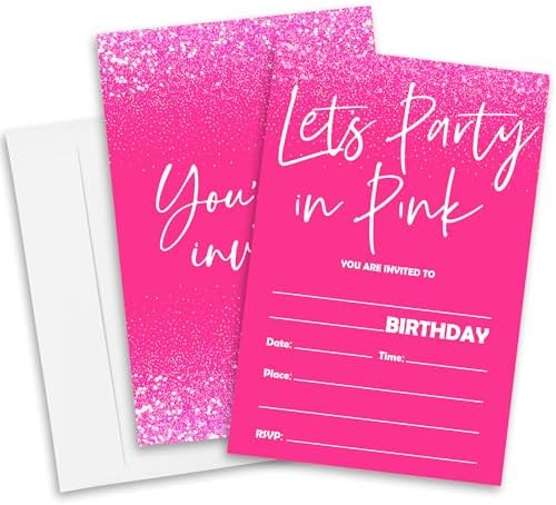 Lets Party Birthday Invites in Pink - 20pcs with Envelopes