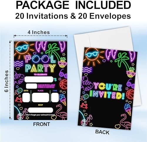 Neon Tropical Beach Birthday Invite Cards Set of 20 with Envelopes C09