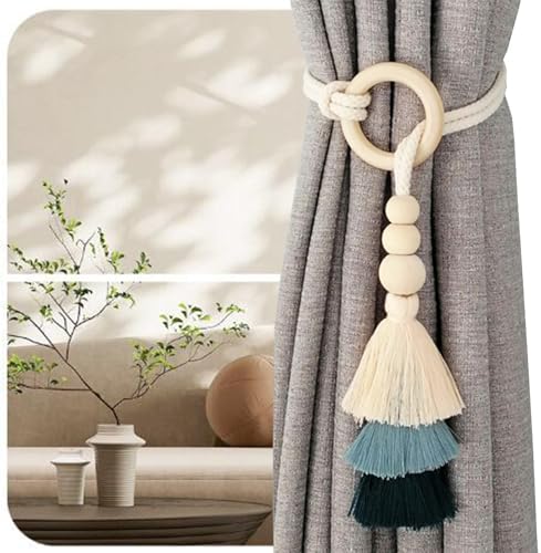 2pcs Wooden Bead Curtain Tiebacks Bohemian Decor Blue