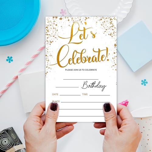 Lets Celebrate Gold Confetti Birthday Invites With Envelopes 20 Pack