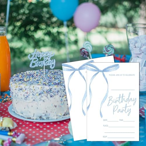 SIXEIGHT Blue Bow Birthday Invitations 4x6
