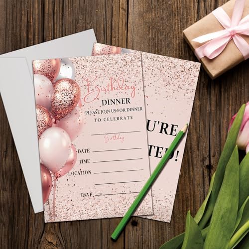 20 Pink Silver Birthday Invites with Envelopes