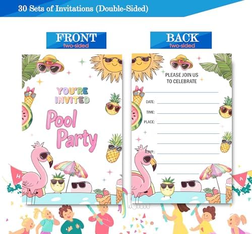 Fablus Pool Party Invitations 4x6 Inches 30 Sets with Envelopes
