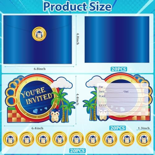 GZDUCK 20Pcs Blue Hedgehog Birthday Invitations