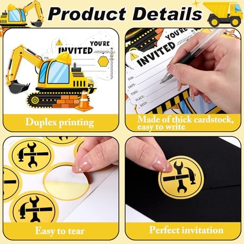 30 Piece Construction Excavator Birthday Invite Set
