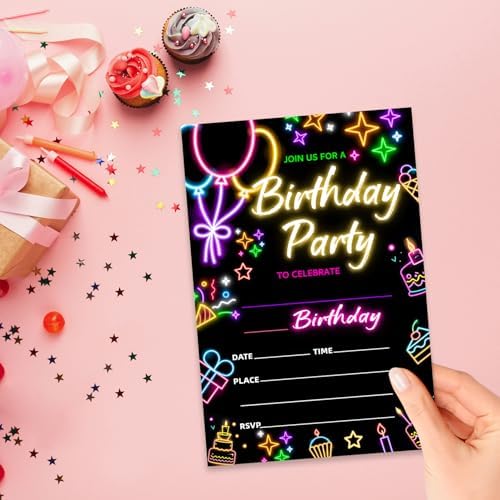 Zodvery Neon Birthday Party Invitations Cards 20pcs Set