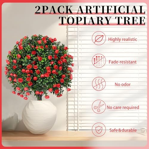 EverNature Artificial Topiary Ball with Red Rose 2 Set UV Resistant Fake Plants