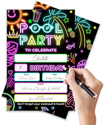 Neon Glow 4x6 Pool Party Birthday Invitations 20 Pack
