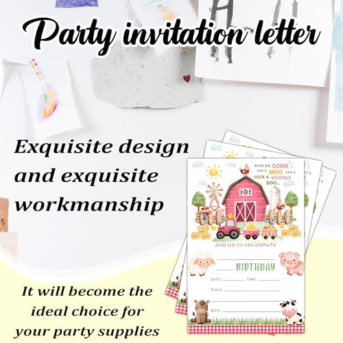 Geuro Barn Farm Animals Birthday Party Invitation 20set Pink