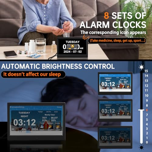 TIMEMOON 10 Inch Digital Calendar Clock with 8 Alarms and Weather Display