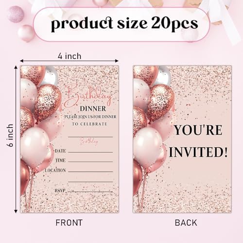 20 Pink Silver Birthday Invites with Envelopes