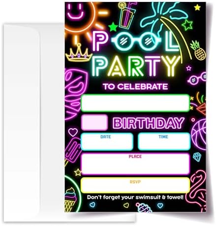Neon Glow 4x6 Pool Party Birthday Invitations 20 Pack