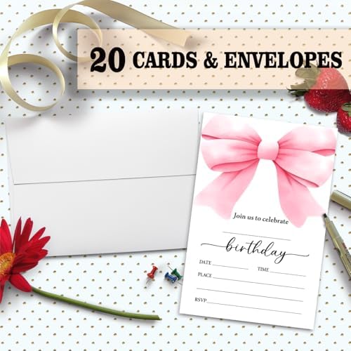 Pink Bow Birthday Invitation Cards for Girls Adults Teens Set 03