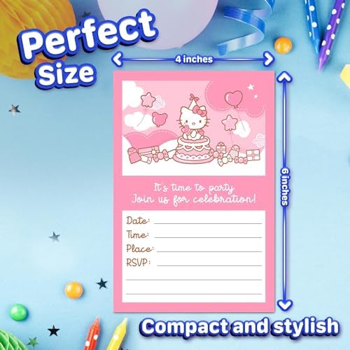Set of 20 Cute Pink Cat Birthday Invites with Envelopes