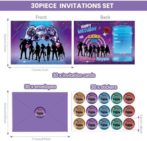 Tevxj 30 Pack Gaming Birthday Invitations with Envelopes and Stickers