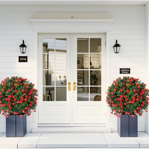 EverNature Artificial Topiary Ball with Red Rose 2 Set UV Resistant Fake Plants