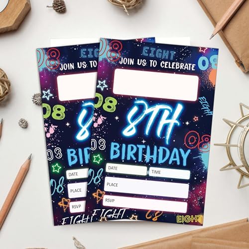 Blue 8th Birthday Invitations with Envelopes
