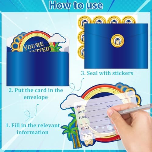 GZDUCK 20Pcs Blue Hedgehog Birthday Invitations