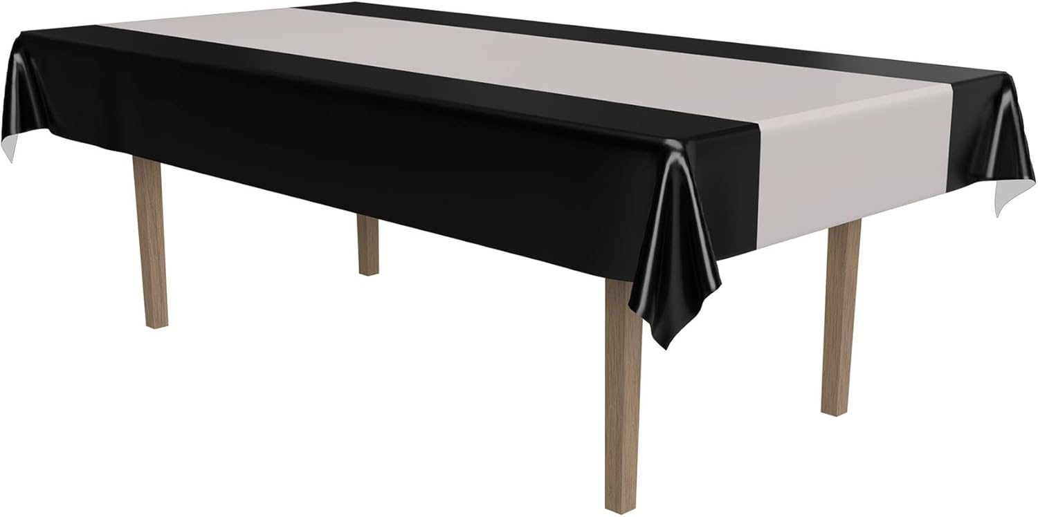 Beistle Black and Silver Striped Table Cover for Awards Night