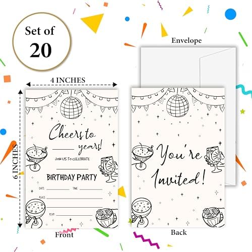 OXRUN Hand Drawn Birthday Invites Set of 20 with Envelopes