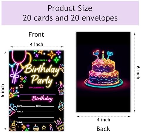 Zodvery Neon Birthday Party Invitations Cards 20pcs Set