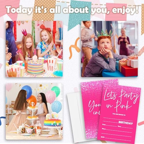 Lets Party Birthday Invites in Pink - 20pcs with Envelopes
