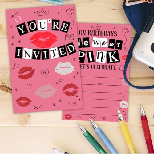Pink Themed Birthday Party Invitations Set 30 Cards Envelopes