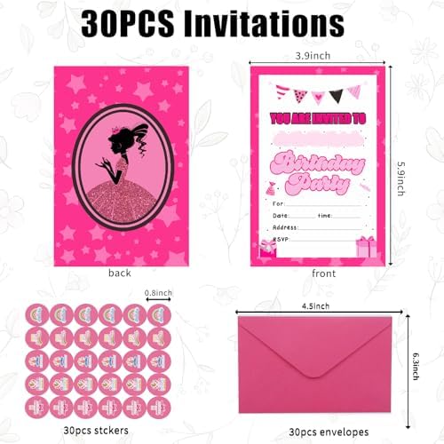 30 Pack Pink Birthday Invites for Girls with Envelopes and Stickers