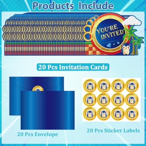 GZDUCK 20Pcs Blue Hedgehog Birthday Invitations