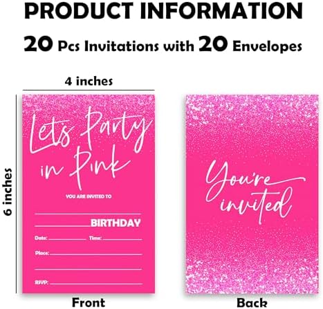 Lets Party Birthday Invites in Pink - 20pcs with Envelopes