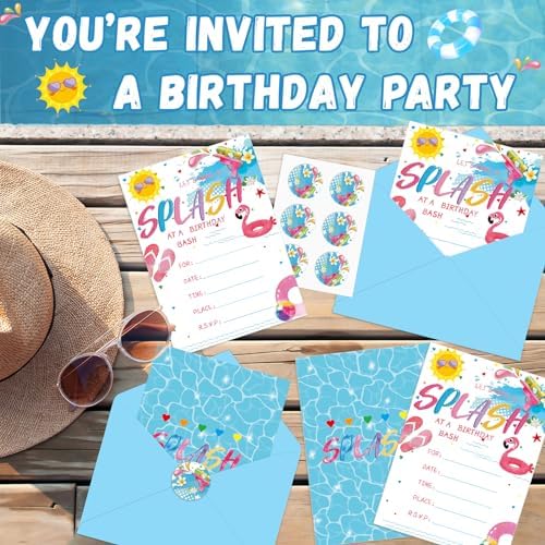36PCS Pool Birthday Invitations with Stickers and Envelopes