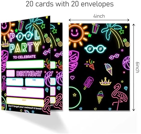 Neon Glow 4x6 Pool Party Birthday Invitations 20 Pack