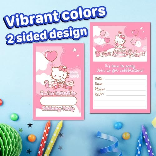 Set of 20 Cute Pink Cat Birthday Invites with Envelopes