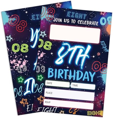 Blue 8th Birthday Invitations with Envelopes