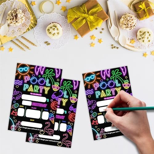 Neon Tropical Beach Birthday Invite Cards Set of 20 with Envelopes C09