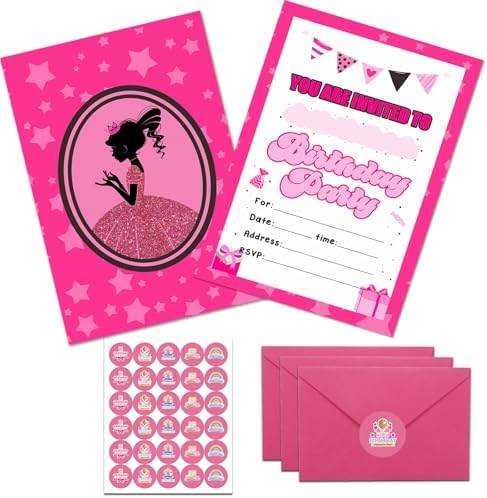 30 Pack Pink Birthday Invites for Girls with Envelopes and Stickers