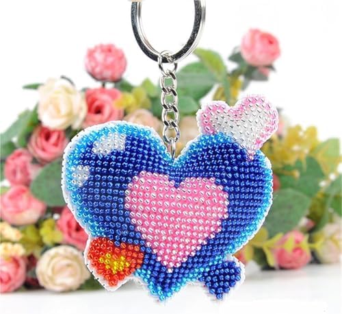 Beaded Heart Keychain for Couples - Red Blue Cross Stitch Charm