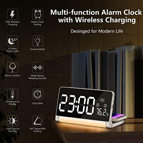 Digital Alarm Clock with Wireless Charging and Night Light for Bedroom