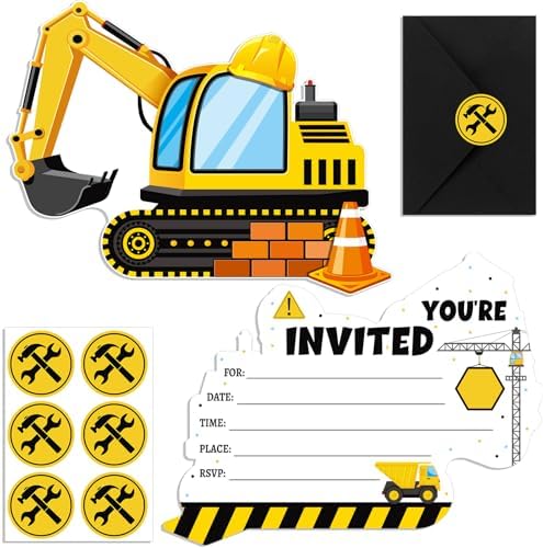30 Piece Construction Excavator Birthday Invite Set