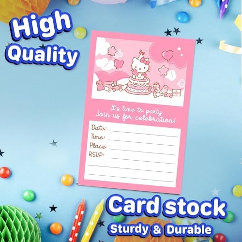Set of 20 Cute Pink Cat Birthday Invites with Envelopes