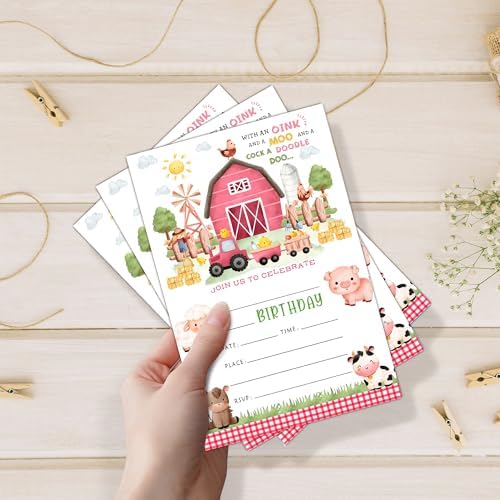 Geuro Barn Farm Animals Birthday Party Invitation 20set Pink