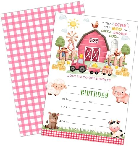 Geuro Barn Farm Animals Birthday Party Invitation 20set Pink