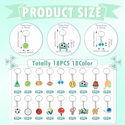 18PCS Sports Ball Keychains Bulk Assorted PVC Keychain Set
