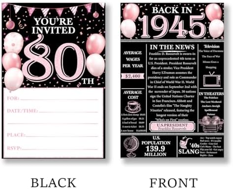 80th Birthday Invitations Set with Envelopes - Pink Design 1945 Theme
