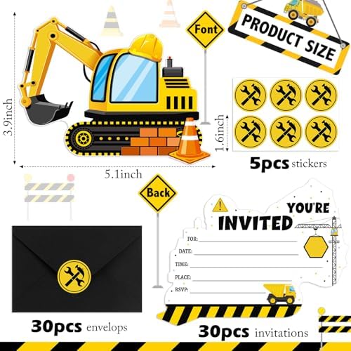 30 Piece Construction Excavator Birthday Invite Set