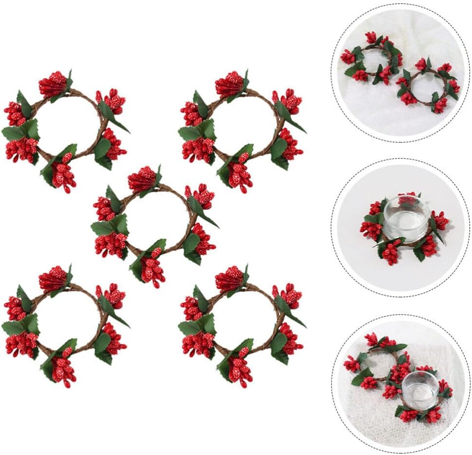 VOSAREA 5pcs Christmas Candle Holders with Pine Berry Wreath Design