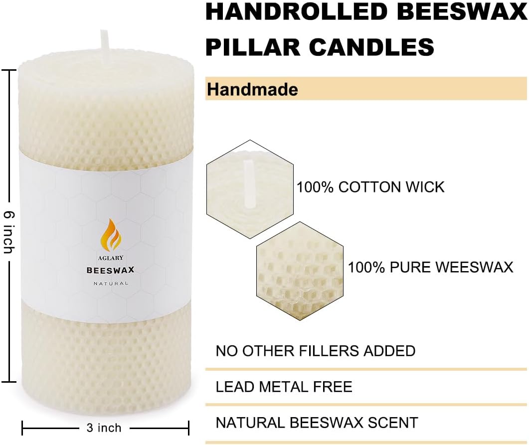 AGLARY 3 Pack 6 Inch Beeswax Pillar Candles White Unscented Dripless Smokeless