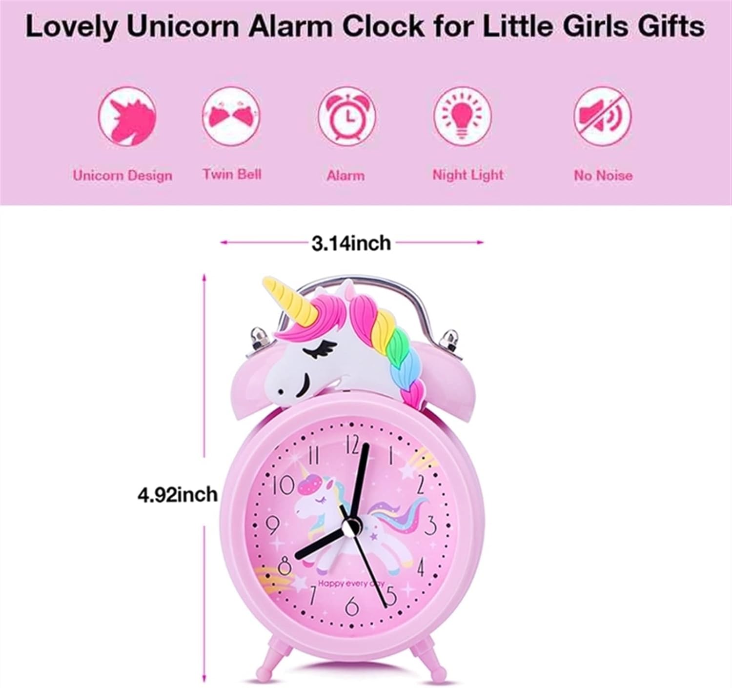 Pink Unicorn Desk Clock with Backlight and Double Bell