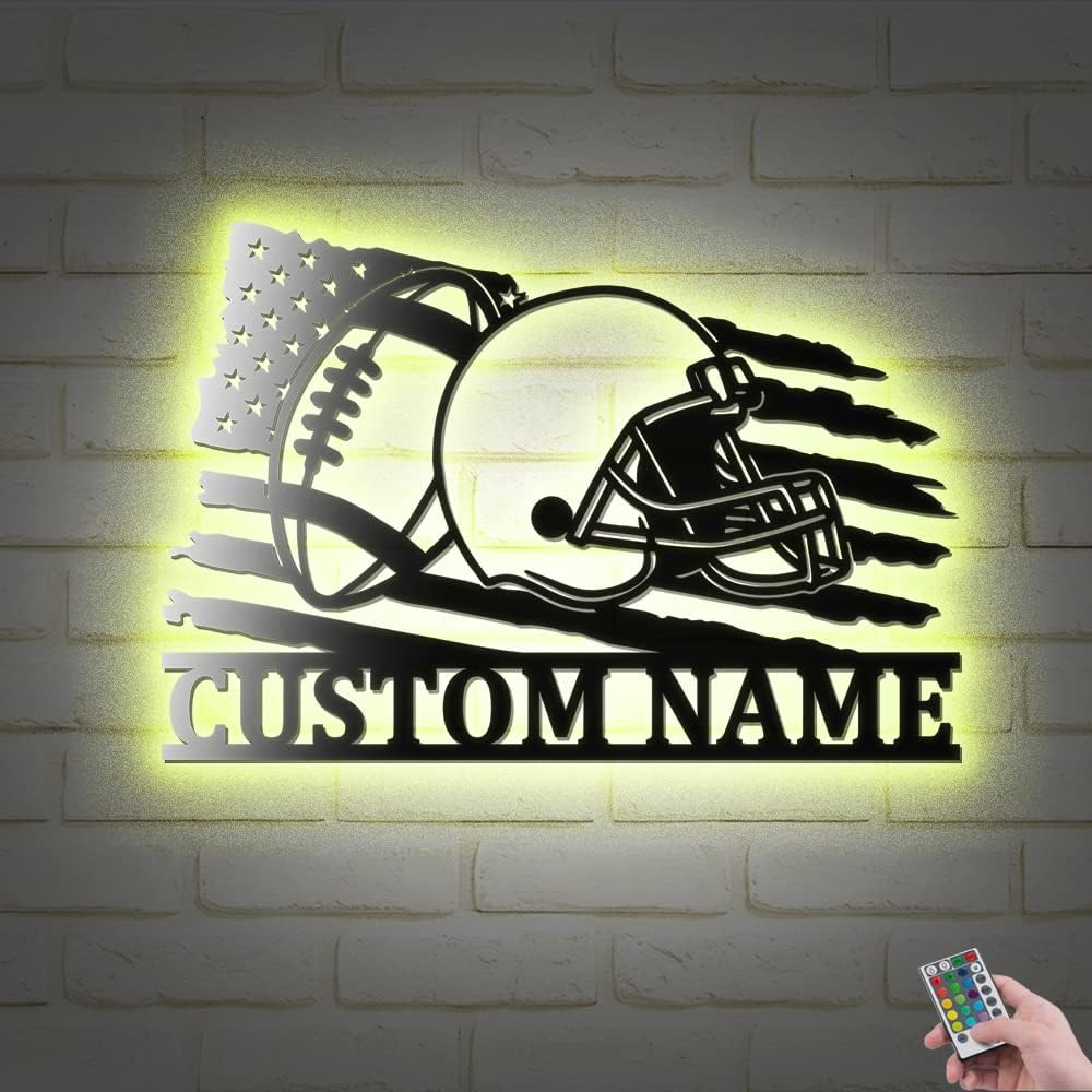 Custom US Football Helmet Metal Wall Art With LED Lights 14x14 Inches